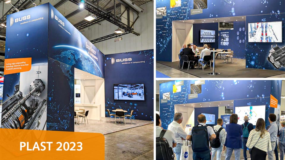 Impressions of the BUSS trade fair booth at PLAST 2023 in Milan, Italy.