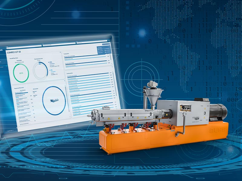 buss-sensehub_connectivity-and-smart-services-platform_keyvisual Artistic darkblue tech background with a screen shot from the BUSS SenseHUB dashboard in front as well as a COMPEO co-kneader.