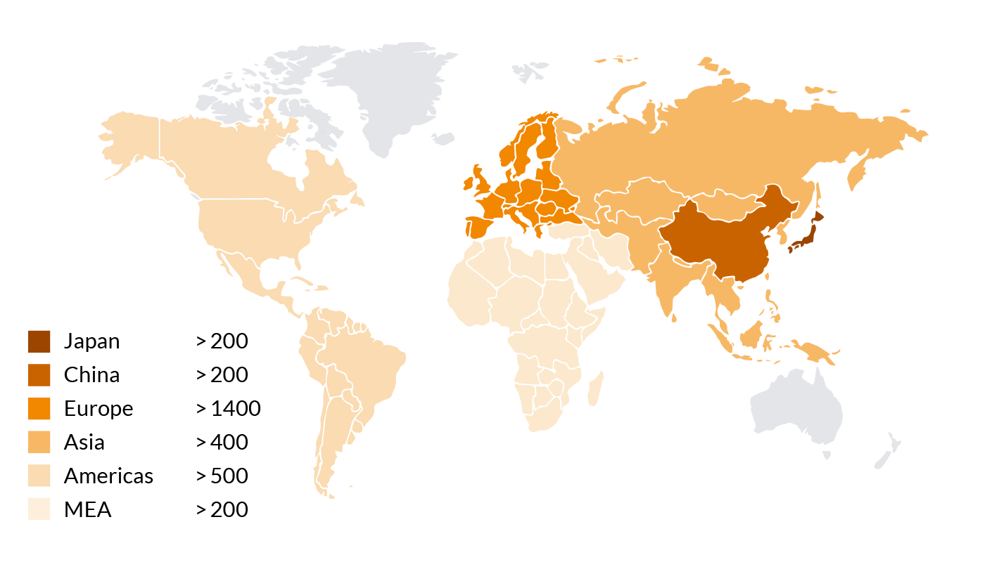 buss_web2024_all_applications_weltkarte Weltkarte mit Übersicht aller im Einsatz befindlichen BUSS Ko-Kneter weltweit. Japan über 200, China über 200, Europa über 1400, Asien über 400, Amerika über 500, MEA über 200.