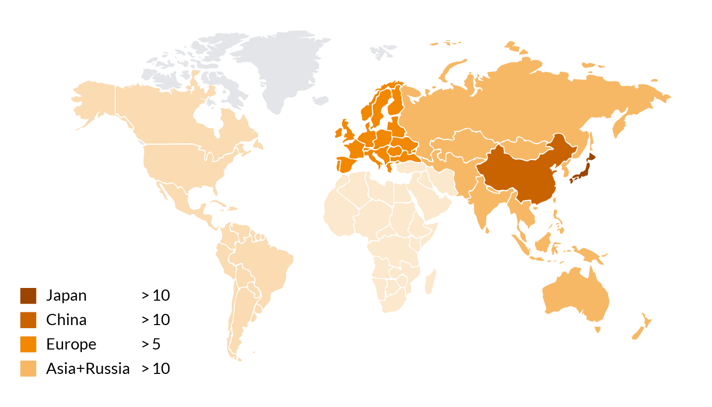 buss_web2024_applications_epoxy-moulding-compounds-emc_weltkarte Weltkarte mit Übersicht über Ko-Kneter, die in der EMC Compoundierung im Einsatz sind