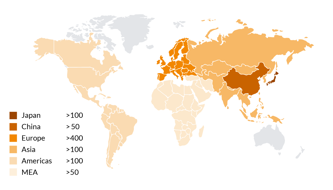 buss_web2024_applications_pcs_weltkarte Weltkarte mit Übersicht über Ko-Kneter, die in der Pulverlack-Compoundierung im Einsatz sind