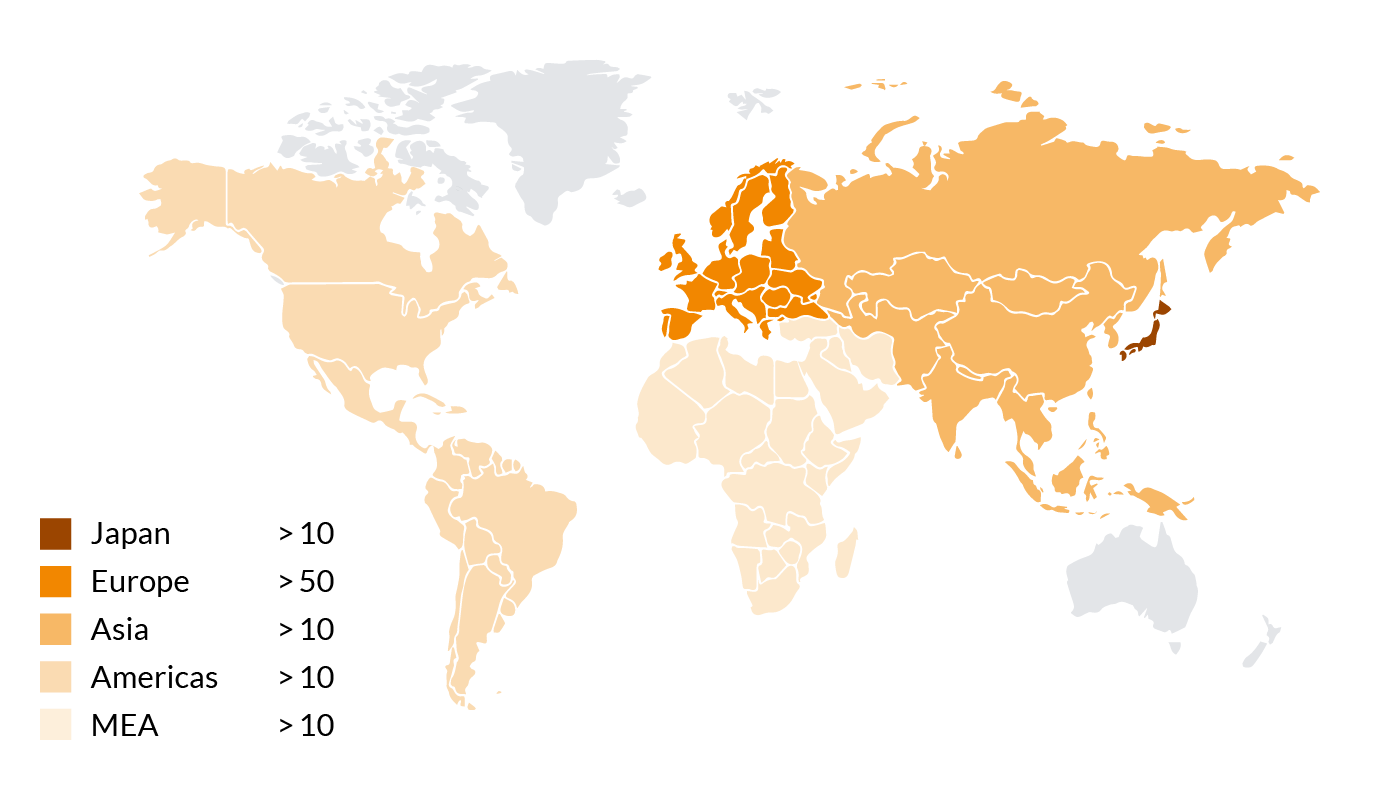 buss_web2024_applications_thermoset_weltkarte Weltkarte mit Übersicht über Ko-Kneter, die in der Duroplast-Compoundierung im Einsatz sind
