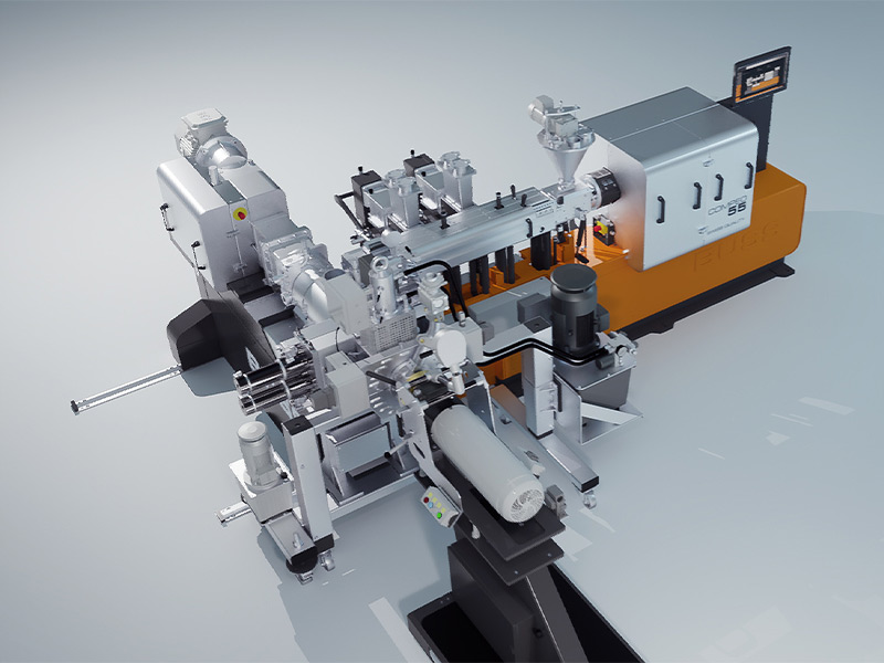 compeo-55-configuration-for-plastic-production_optimized-in-buss-test-centers BUSS COMPEO Compounder mit Einlaufschnecke, Side Feeder, Flüssigkeitseinspritzung und Degassing für optimierten Compoundier-Prozess sowie BUSS Austragseinheit, Siebwechsler und Unterwassergranulierung als Folge-Aggregate für die Weiterverarbeitung der Polymerschmelze.