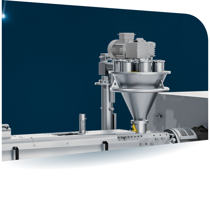 compoundier-anlage_einlaufschnecke-auf-compeo88-compounder_plastikverarbeitung Aufnahme eines Einlauftrichters auf einem COMPEO Compounder