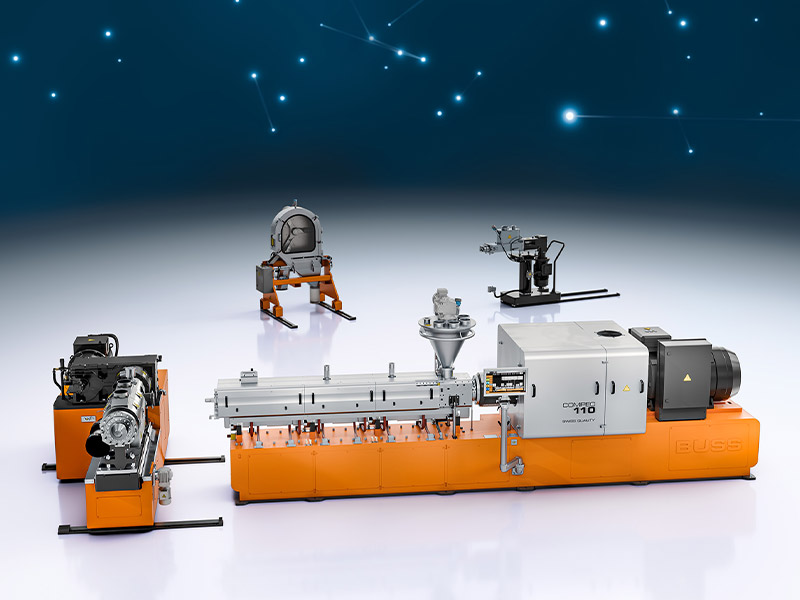 compoundier-system-aggregate_buss-komponenten BUSS COMPEO 110 Compounder mit passenden Aggregaten: Austragseinheit CSS-F, Pelletizer CPS-F und SideFeeder.