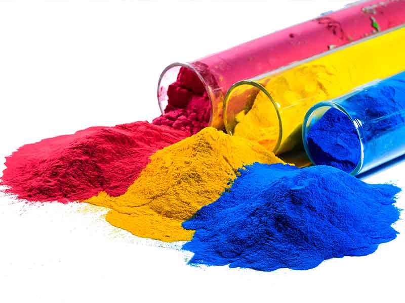 Powder for powder coating in the colours red, yellow and blue